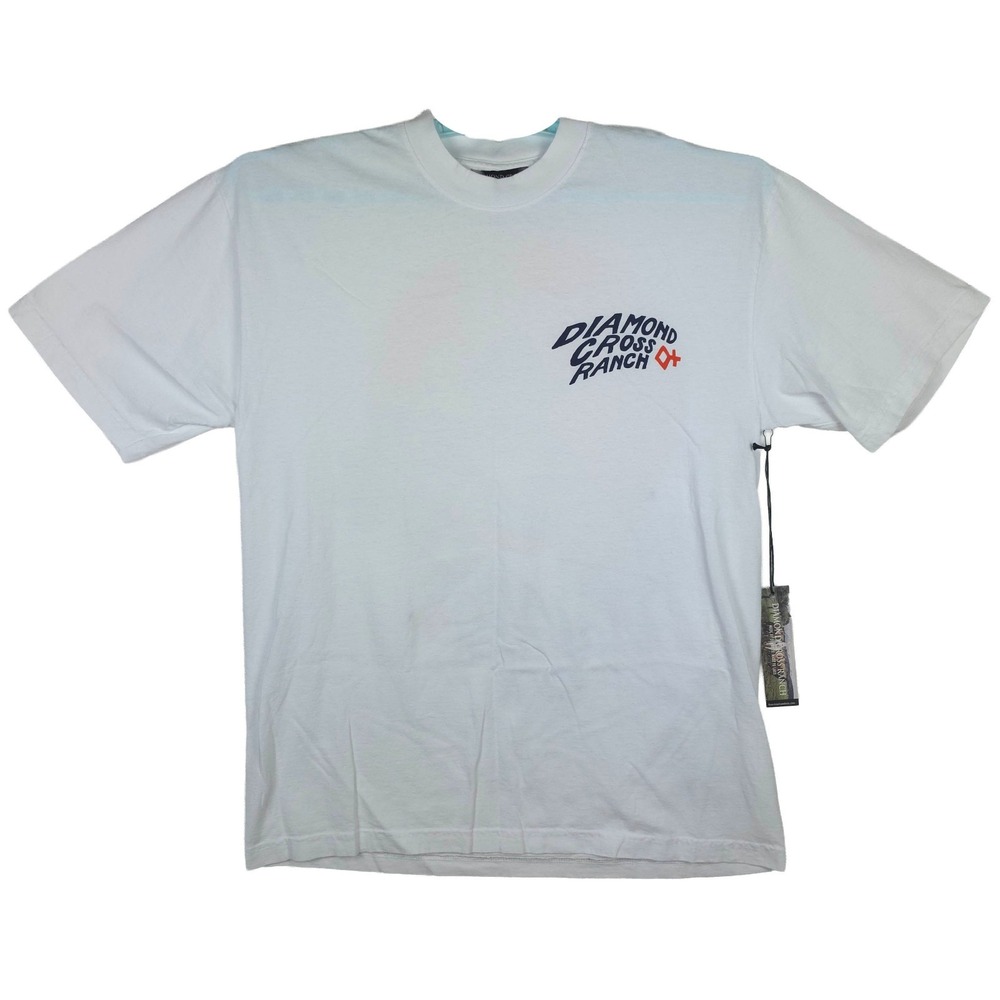 Diamond Cross Ranch Shirt Large Cowboy Riding Horse Sun Art on Back White NWT